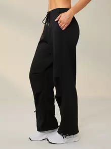 SHEIN Sports Pantalones deportivos de cintura con cordón con bolsillo oblicuo - Negro - Ver 1