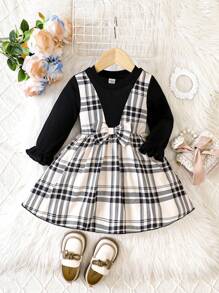 女嬰格紋印花荷葉袖假兩件洋裝 - 黑色 - 查看 1