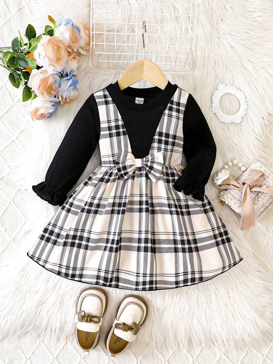 女嬰格紋印花荷葉袖假兩件洋裝 - 黑色 - 查看 1