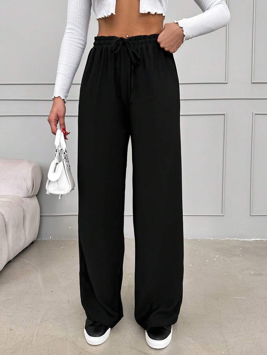 EURMUSE Solid Drawstring Waist Wide Leg Pants - Black - View 1