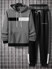 Manfinity Homme Men Letter Graphic Kangaroo Pocket Drawstring Hoodie & Sweatpants - Grey - View 1