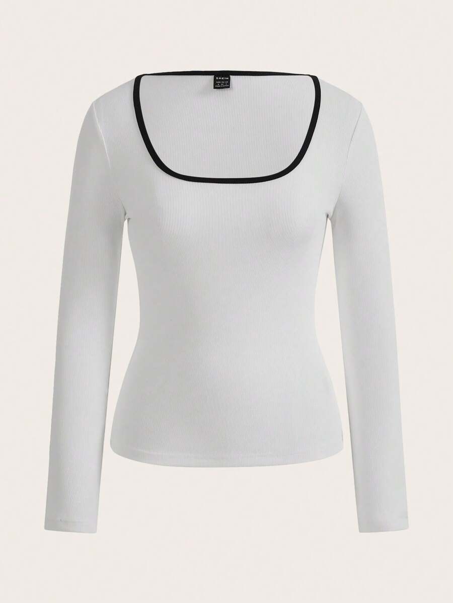 SHEIN BASICS 撞色滾邊大圓領T恤 - 白色 - 查看 1