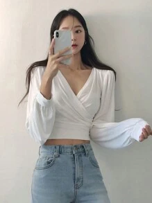 DAZY 素色交叉圍裹短款運動衫 - 白色 - 查看 4