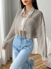 Muchica 素色落肩袖前紐扣襯衫 - 灰色 - 查看 5