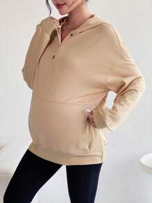 SHEIN Maternity Half Button Drop Shoulder Sweatshirt, For Winter - Khaki - View 3