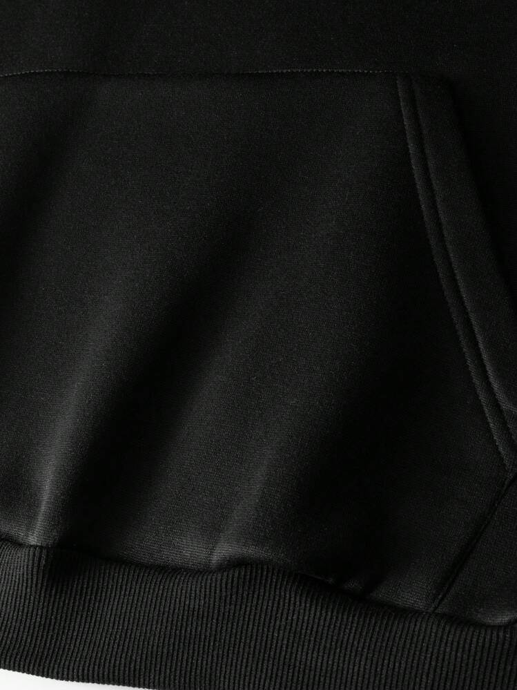 Camvyn 男式标语与卡通图案袋鼠口袋抽绳保暖内衬连帽衫 - 黑色 - 查看 5