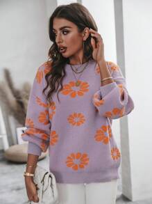 SHEIN LUNE Floral Pattern Drop Shoulder Sweater Knit Pullover Fall Winter Outfit