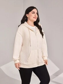 Mulvari 加大码拉链落肩抽绳卫衣 - 米色 - 查看 6