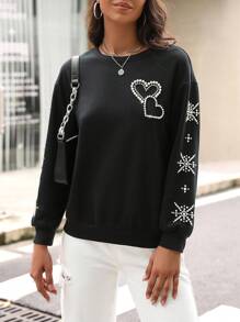 SHEIN LUNE Rhinestone Heart & Geo Graphic Drop Shoulder Sweatshirt Pullover Fall Sweatshirt - Black - View 6