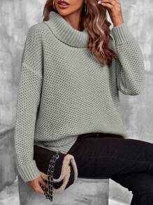 SHEIN LUNE Turtleneck Drop Shoulder Pointelle Knit Sweater - Grey - View 7