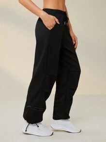 SHEIN Sports Pantalones deportivos de cintura con cordón con bolsillo oblicuo - Negro - Ver 4
