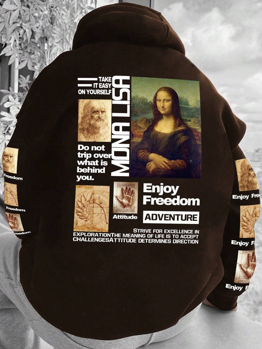 Manfinity EMRG 男士口號和人物圖形袋鼠口袋抽繩保暖衣帽衫 - 咖啡棕 - 查看 1