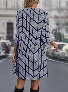 EMERY ROSE Allover Print Notched Neckline Tunic Dress - Royal Blue - View 2