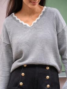 SHEIN Frenchy 拼接邊落肩袖套頭毛衣 - 灰色 - 查看 6