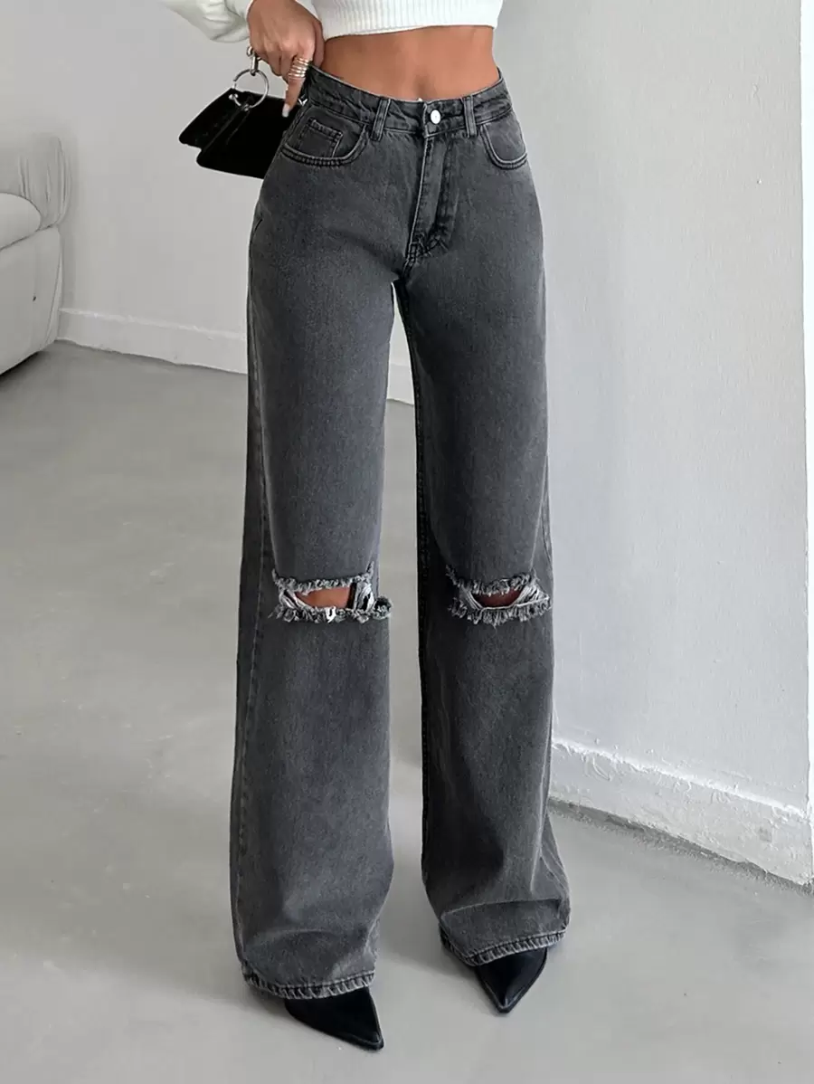 EURMUSE Ripped Wide Leg Jeans - Dark Grey - View 1