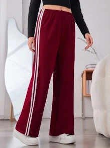Teen Girl Contrast Tape Side Wide Leg Pants - Red - View 4