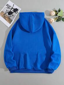 SHEIN Unity Plus Size Tower & Letter Graphic Kangaroo Pocket Drawstring Thermal Lined Sweatshirt - Royal Blue - View 2