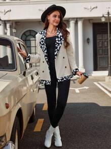 SHEIN LUNE Leopard Print Double Breasted Blazer - Apricot - View 3