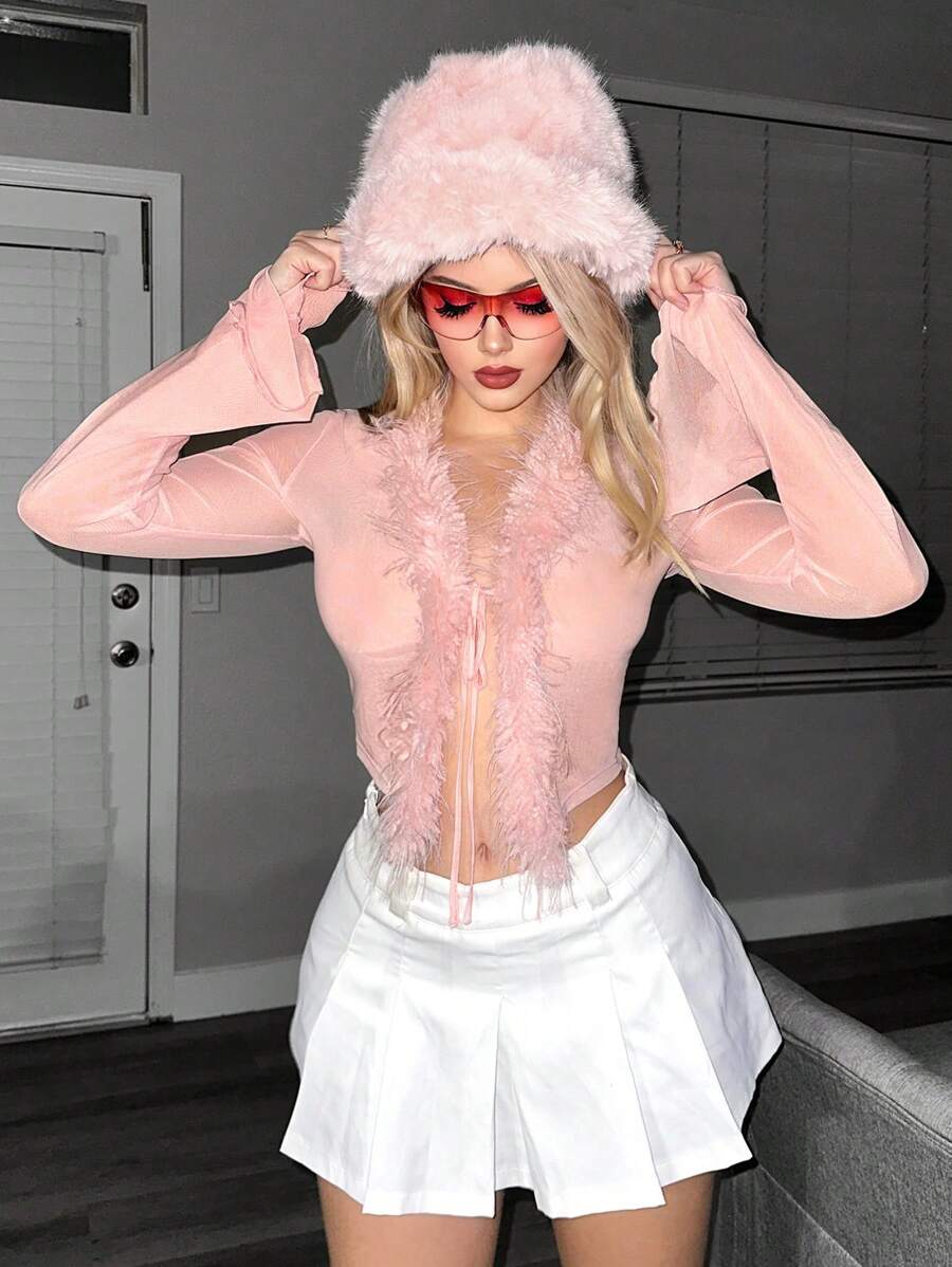 SHEIN Sweetina 毛茸邊前打結短款網紗上衣 - 粉色 - 查看 1