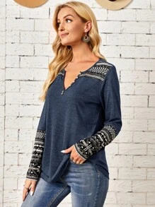 EMERY ROSE 幾何印花缺口領紐扣細節T恤 - 藍色 - 查看 3