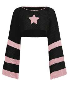 ROMWE Kawaii Hình sao Khối màu Áo len Crop - màu đen - Xem 2