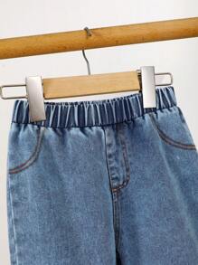 Young Boy Embroidery Letter Pattern Denim Shirt & Jeans Without Tee - Light Wash - View 3