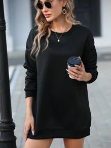 SHEIN Essnce 素色落肩袖加絨內裏衛衣洋裝 - 黑色 - 查看 5