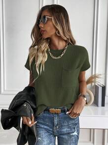 SHEIN LUNE Solid Pocket Patched Knit Top - Army Green - View 5