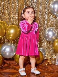 SHEIN Baby Girl Statement Collar Lantern Sleeve Velvet Dress - Hot Pink - View 6