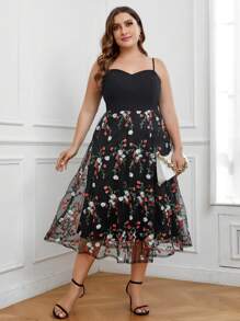 Celure 大碼花卉刺繡網紗覆蓋吊帶洋裝 - 黑色 - 查看 5