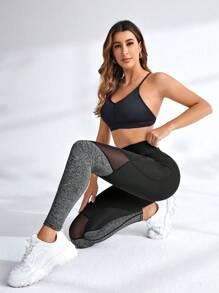 Yoga Futuristic Contrast Colour Panel Yoga Leggings Mesh Insert Gym Tights With Phone Pocket - Multicolor - View 4