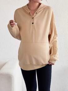 SHEIN Maternity Half Button Drop Shoulder Sweatshirt, For Winter - Khaki - View 5