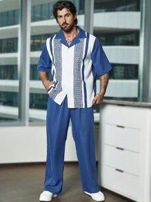 Manfinity Homme 男士大码幾何印花襯衫和褲子 - 藏蓝色 - 查看 6