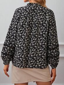 SHEIN Frenchy 滿版印花褶邊燈籠袖襯衫 - 黑色 - 查看 2