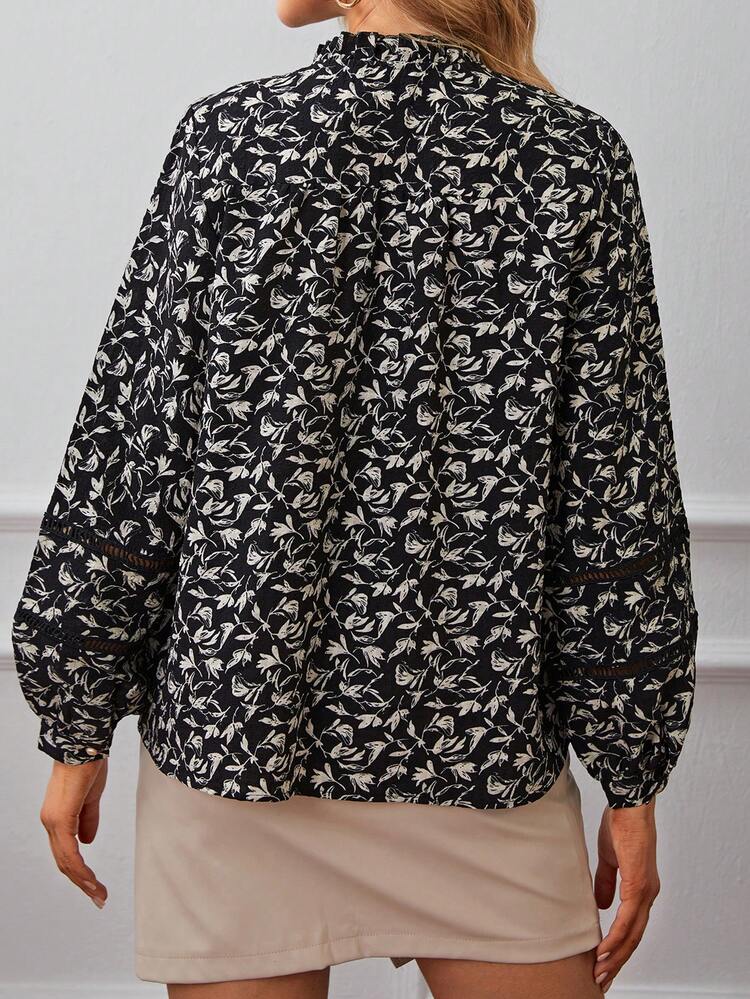 Allover Print Frill Trim Lantern Sleeve Blouse Winter Elegant Black