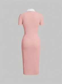 SHEIN MOD 拼接領前紐扣緊身連衣裙 - 淺粉色 - 查看 2