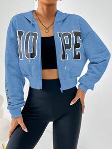 SHEIN Unity Letter Graphic Drop Shoulder Drawstring Zipper Hoodie - Baby Blue - View 5