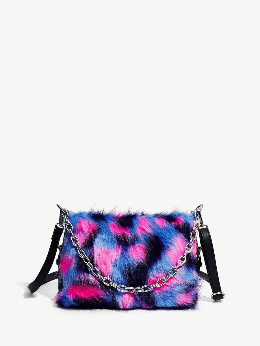 SHEIN ICON Women's Contrast Color Leopard Print Plush Fashion Shoulder Bag - Multicolor - View 1