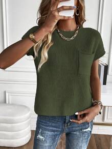 SHEIN LUNE Solid Pocket Patched Knit Top - Army Green - View 4