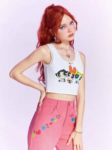 The Powerpuff Girls | ROMWE Cartoon Graphic Lace Trim Tank Top Cute Tops - White - View 4