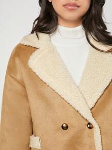 SHEIN Thiếu niên cô gái Cổ áo Lót Teddy Áo khoác - Màu Khaki - Xem 3
