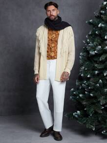 Manfinity VCAY Men Fringe Trim Drop Shoulder Cardigan - Apricot - View 3