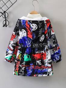 SHEIN Young Boy Graffiti Print Plush Lined Hooded Padded Coat Without Sweater - Multicolor - View 2
