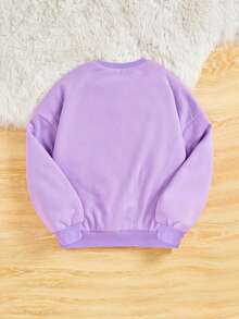 女大童卡通圖案落肩袖加絨內裏套頭衫 - 紫色 - 查看 2