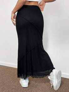 SHEIN EZwear Chất rắn Ren Mộc nhĩ Nàng tiên cá Hem Lưới Váy - màu đen - Xem 2