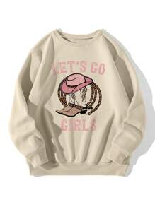 SHEIN Essnce Giày Boots Cowboy & Đồ họa Chữ cái Lót nhiệt Áo nỉ - Màu be - Xem 4