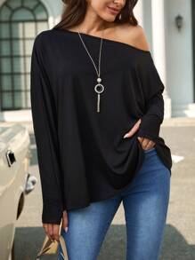 SHEIN LUNE 素色不對稱領蝙蝠袖T恤 - 黑色 - 查看 4