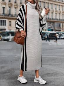 SHEIN LUNE Striped Pattern Turtleneck Batwing Sleeve Sweater Dress Fall Winter Cloth For Women - Multicolor - View 3