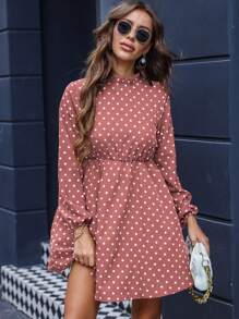 SHEIN Clasi In vết tròn Polka Cổ giả Váy chữ A - Hồng - Xem 7