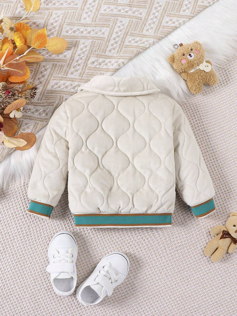 Baby Boy Letter Patched Striped Trim Quilted Coat